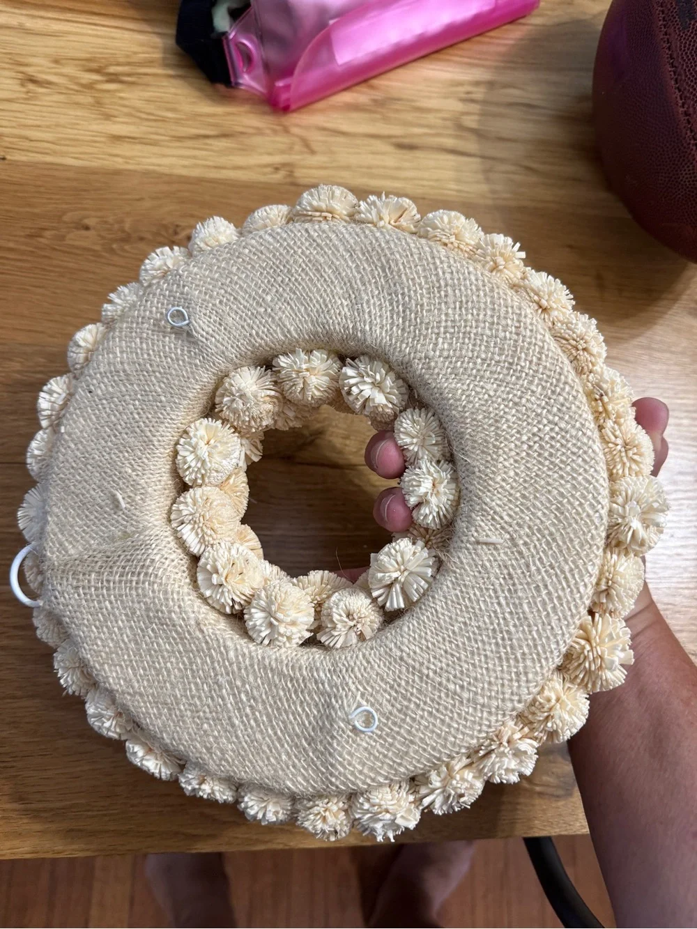 Handmade Cream Pom Pom Holiday Wreath